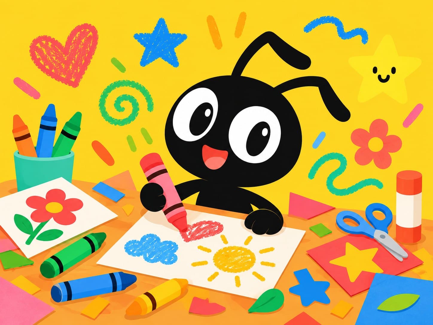 Keedu drawing a heart and a sun with crayons