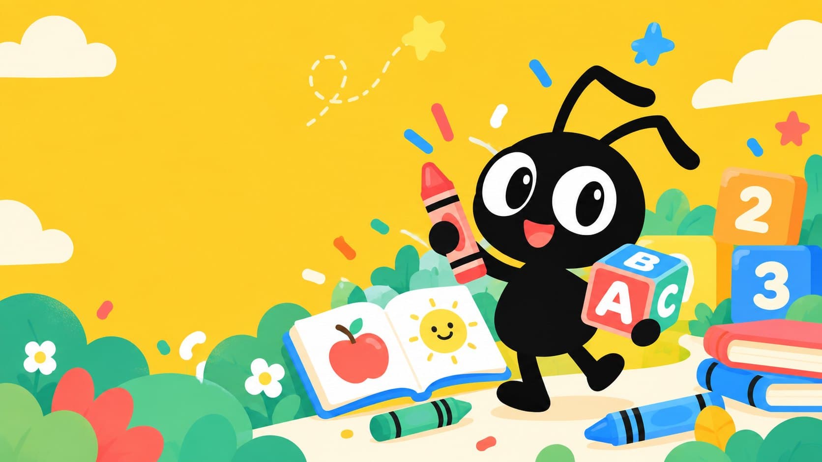 Keedu the ant walking with a crayon and an ABC block